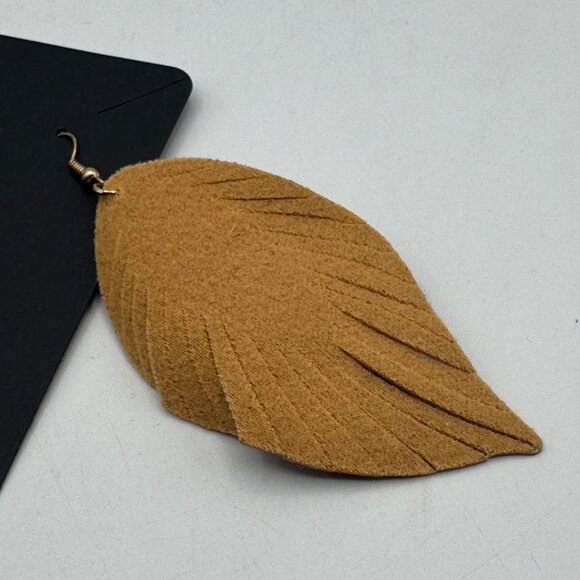 Brown Leather Layered Leaf Design Dangle Earrings With Fishhook Backing - Picture 2 of 3